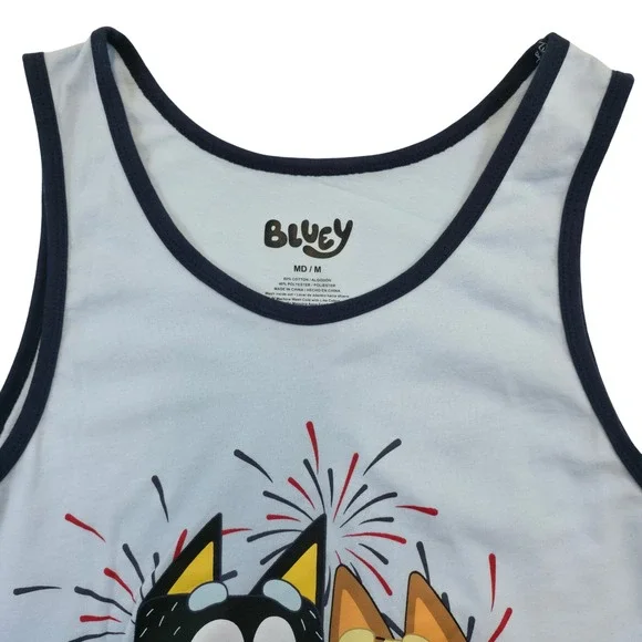 Bluey Adult Tank Top Size Medium Blue Family Fireworks Graphic Blue Trim Shirt - Picture 2 of 7